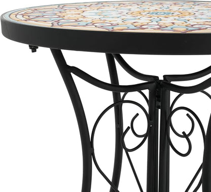 Merax Patio Side Table for Small Space, 22.45" Height Metal Outdoor Indoor Round Side Table, French Country Style, Floral Design Small End Table for Yard Porch Balcony Garden, Brown+Black