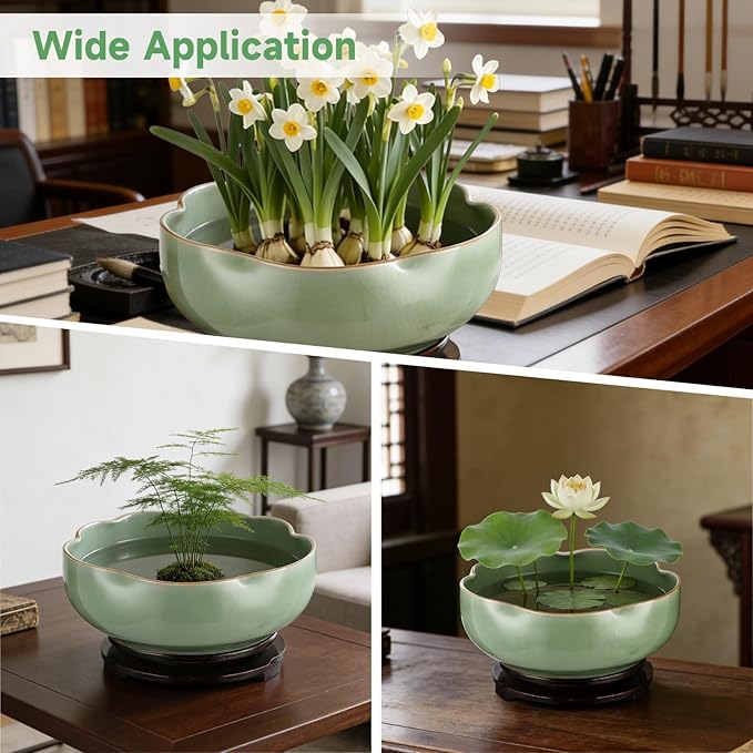 Ceramic Lotus Bowl Planter with Wood Tray, 7.8 in Green Water Lily Planter Pot, Hole Free Hydroponic Bowl, Ice Crack Glaze Flower Bowl for Lotus, Aquatic Plants, Bonsai, Desk Decor
