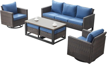 Rilyson Wicker Outdoor Patio Furniture Set - 6 Piece Patio Conversation Set with 2 Swivel Rocker Chairs,2 Rattan Ottoman,1 Couch and 1 Metal Coffee Table for Outside Porch Deck Backyard(Brown/Blue)