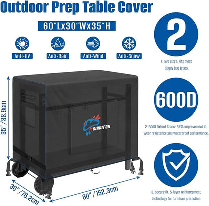 SIRUITON Outdoor Bar Cart Cover for 60 Inch Portable Outdoor Table, Heavy Duty 600D Oxford Fabric Outdoor Waterproof BBQ/Worktable Metal Movable Table Cover