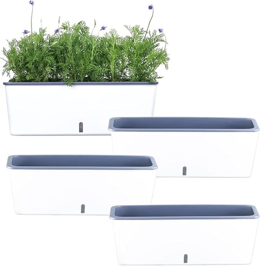 4 Pack Rectangular Planter 17 x 4.5 in Self Watering Planter Window Sill Planters Indoor Rectangle Planter Self Watering Pots Plastic Plant pots with Drainage Holes White Flower Pot Indoor