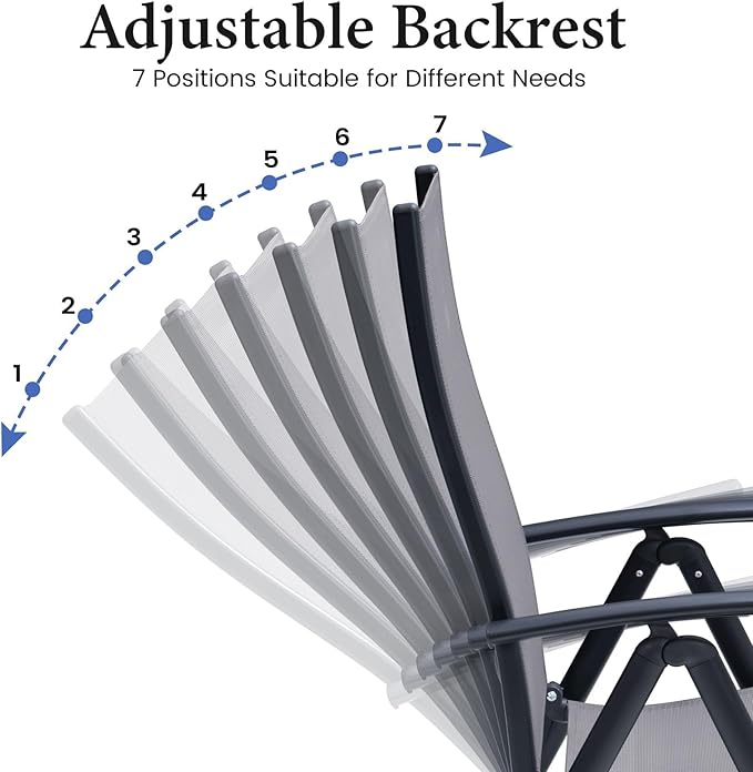 Crestlive Products Folding Patio Chairs Set of 6, 7-Level Adjustable Recliner Chairs Foldable Outdoor Lawn Chairs for Pool, Backyard,Gray
