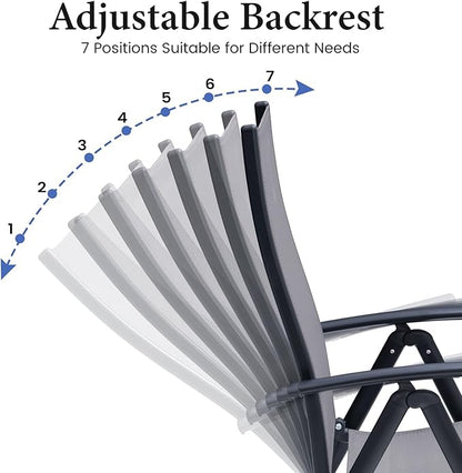 Crestlive Products Folding Patio Chairs Set of 2, 7-Level Adjustable Recliner Chairs Foldable Outdoor Lawn Chairs for Pool, Backyard,Gray