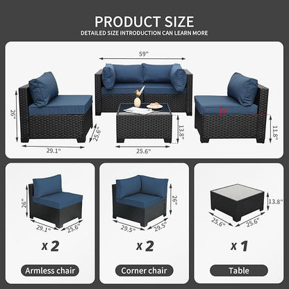 WAROOM Outdoor Patio PE Wicker 5 Piece Furniture Set, Black Rattan Sectional Conversation Sofa Chair with Coffee Table, Navy Blue Cushion