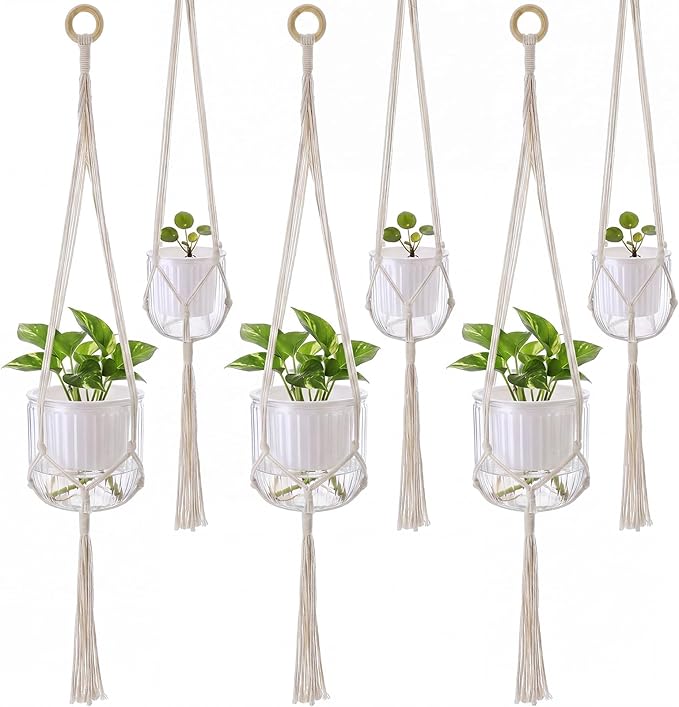 6 Pack Self Watering Hanging Planters Indoor Flower Pots(4.5"+6.5") Visible Water Level Markers 3 Hanging Ropes with Drainage Holes for Indoor Outdoor Garden Home Decor Supplies (White)