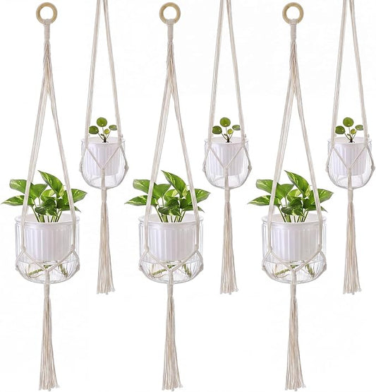 6 Pack Self Watering Hanging Planters Indoor Flower Pots(4.5"+6.5") Visible Water Level Markers 3 Hanging Ropes with Drainage Holes for Indoor Outdoor Garden Home Decor Supplies (White)