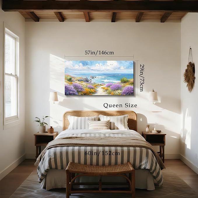 SERIMINO Coastal Wall Art, Oversized Wall Art, Beach Wall Decor, Blue Ocean Landscape Prints, Seashore Floral Large Pictures, Tropical Paintings for Living Room Office Bedroom Dining Room 29"x57"