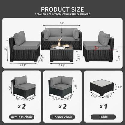 WAROOM Outdoor Patio PE Wicker 5 Piece Furniture Set, Black Rattan Sectional Conversation Sofa Chair with Coffee Table, Grey Cushion