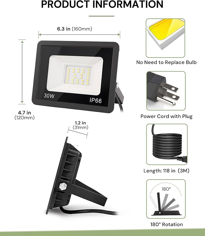 L LOHAS LED 30W Dusk to Dawn Floodlight, IP66 Waterproof Plug in Floodlights, 6000K Daylight Work Light, Security Lights for Yard, Garage, UL Listed, 2Pack