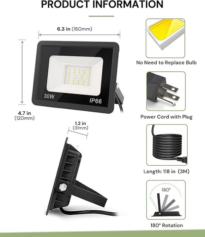 L LOHAS LED 30W Dusk to Dawn Floodlight, IP66 Waterproof Plug in Floodlights, 6000K Daylight Work Light, Security Lights for Yard, Garage, UL Listed, 2Pack