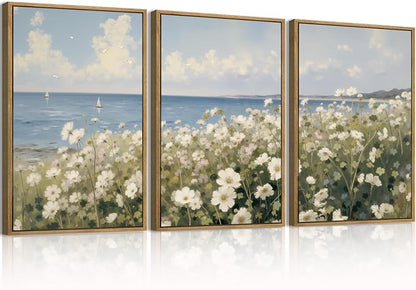 Anyzal Large Farmhouse Flower Framed Wall Art 16x24 Inch Coastal Wildflower Canvas Wall Decor Modern Landscape Painting for Living Room Bedroom Dining Room Set of 3