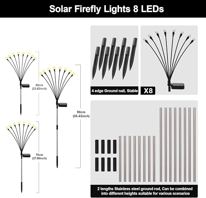 Solar Firefly Lights Warm White, 8 Modes 800mAh Swaying Firefly Yard Lights Solar Powered Outdoor Waterproof for Outside Yard Patio Lawn Pathway Walkway Stake Christmas Garden Decor (8 Pack)