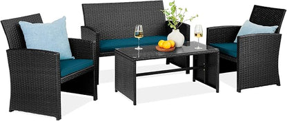 Best Choice Products 4-Piece Outdoor Wicker Patio Conversation Furniture Set for Backyard w/Coffee Table, Seat Cushions - Black/Peacock