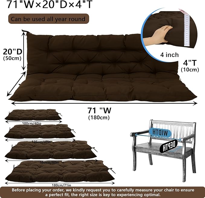 Outdoor Swing Cushions 3 Seater Waterproof, Replacement Bench Cushions for Outdoor Patio Furniture with Backrest, Porch Swing Cushion with Ties for Lawn and Garden (Coffee, 40x71in)