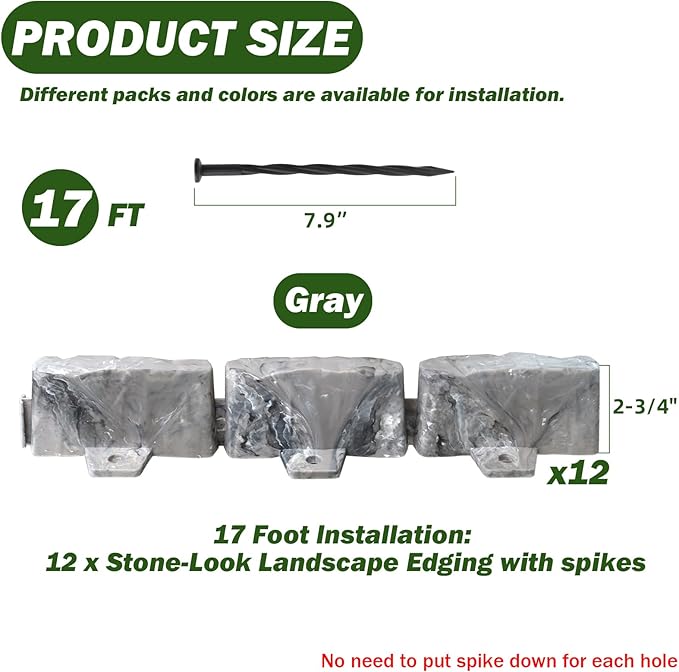 Landscape Edging Garden Edging Border Faux Stone Edging,17FT x 2.75 in Tall Decorative Stone-Look Garden Border for Flower Bed Edging,Yard Edging,Lawn Trees and Gardens,with Anchoring Spikes,Gray