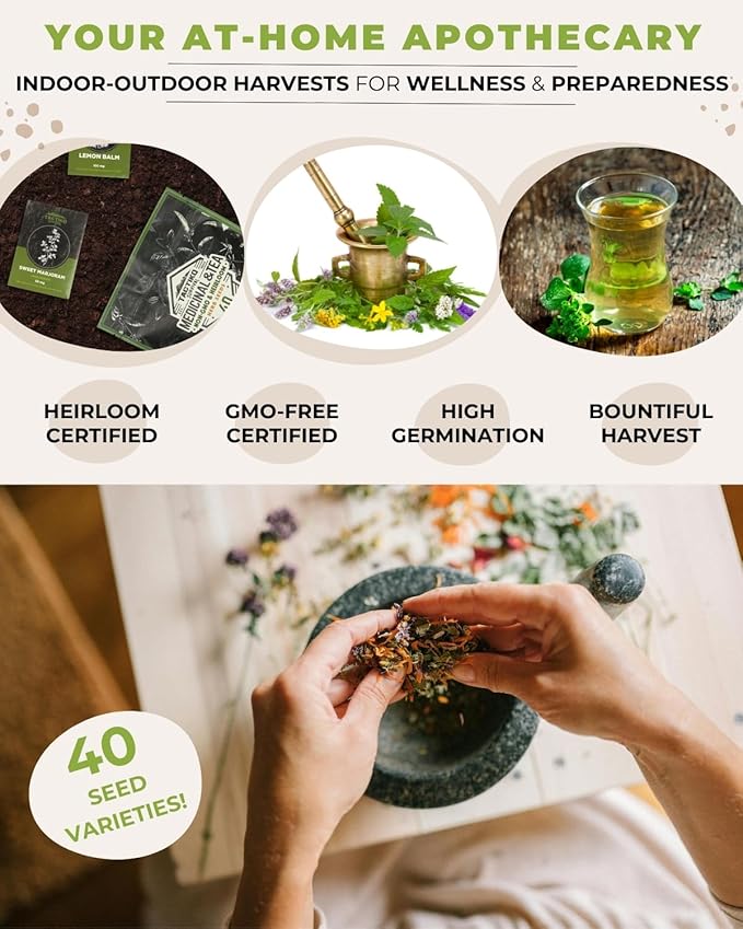 Tactiko Survival 40 Medicinal and Tea Herb Seeds Variety Pack, Indoor and Outdoor Herb Garden Kit, USA Grown Heirloom Non-GMO, Herbal Apothecary for Teas, Resealable Mylar for Long-Term Storage