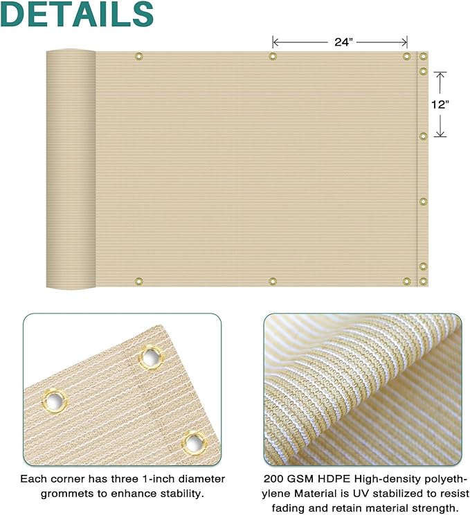 3' x 50' Balcony Privacy Screen Apartment Deck Railing Fence Lattice Panels for Outside, UV Block Shade Cloth with Grommets, Mesh Fencing Cover for Patio Backyard Porch, Yellowish Beige
