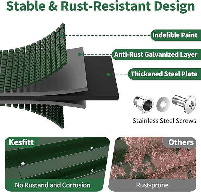 Kesfitt Raised Garden Bed, 4x2x1 FT Galvanized Steel Metal Raised Garden Bed, Oval Open-Bottom Design, 12-Inch Deep for Outdoor Vegetable & Herb Gardening, Forest Green