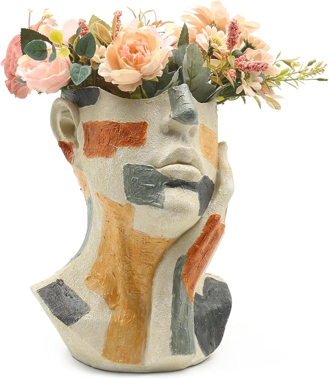 Lukitas Abstract Face Planter, Faux Sandstone Decorative Vase, Colorful Handcrafted Artistic Flower Plant Pot for Garden Patio Living Room, Resin 10.5''