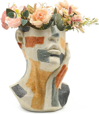 Lukitas Abstract Face Planter, Faux Sandstone Decorative Vase, Colorful Handcrafted Artistic Flower Plant Pot for Garden Patio Living Room, Resin 10.5''
