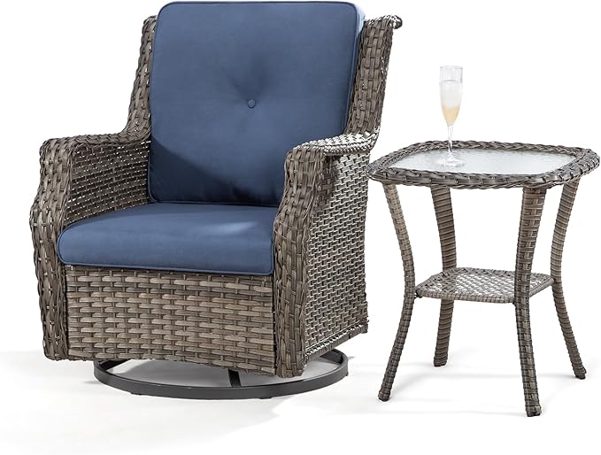 Outdoor Swivel Rocker Patio Chair with Matching Side Table - 360 Degree Patio Swivel Glider Chair with 3.5" Olefin Cushions(Mixed Grey/Blue)