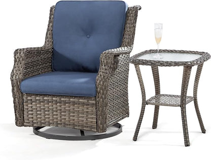 Outdoor Swivel Rocker Patio Chair with Matching Side Table - 360 Degree Patio Swivel Glider Chair with 3.5" Olefin Cushions(Mixed Grey/Blue)