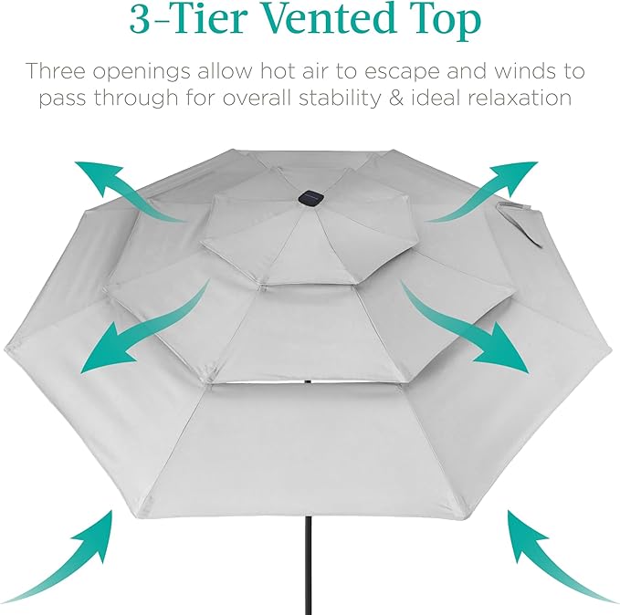 Best Choice Products 10ft 3-Tier Solar Patio Umbrella, Outdoor Market Sun Shade for Backyard, Deck, Poolside w/ 24 LED Lights, Tilt Adjustment, Easy Crank, 8 Ribs - Fog Gray