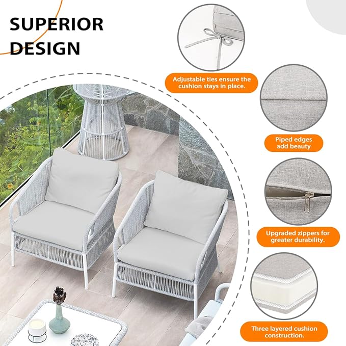 Sundale Outdoor Olefin Deep Seat Cushion Set of 2, Patio Chair Cushion and Pillow, Water-Resistant Sectional Sofa Pad with Straps Light Gray, 23 x 26 x 4 Inches