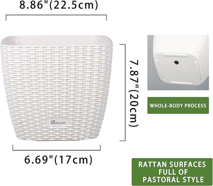 Dexceder 9x8 Self Watering Planter Indoor Outdoor, Inner Mat Design, Thickened Table Flower Plant Pot with Water Level Indicator (Ivory White Rattan)