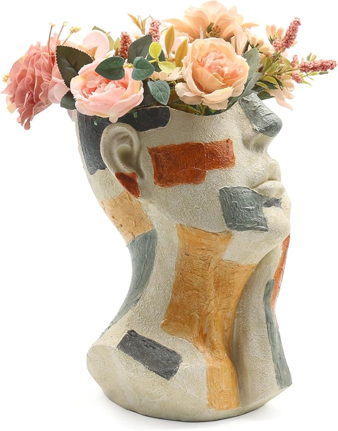 Lukitas Abstract Face Planter, Faux Sandstone Decorative Vase, Colorful Handcrafted Artistic Flower Plant Pot for Garden Patio Living Room, Resin 10.5''