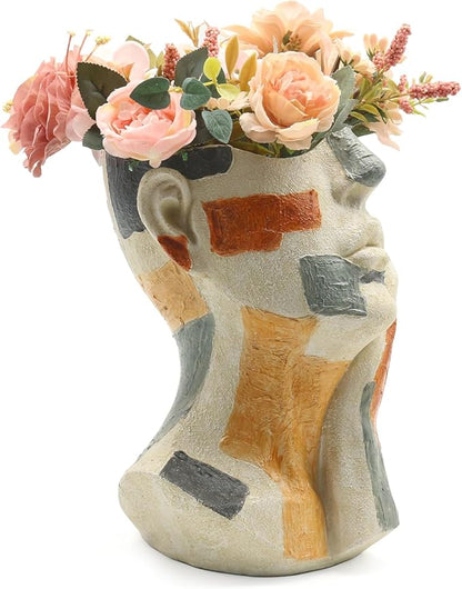 Lukitas Abstract Face Planter, Faux Sandstone Decorative Vase, Colorful Handcrafted Artistic Flower Plant Pot for Garden Patio Living Room, Resin 10.5''