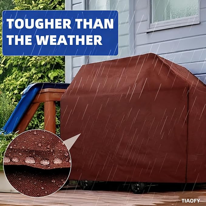 BBQ Gas Grill Cover for Outdoor, Anti-UV, Rip-Proof, 600D Oxford Fade Resistant Material, Barbecue Cover with Hook and Loop Straps & Adjustable Hem Drawstring (Reddish Brown, 44”x22”x42”)