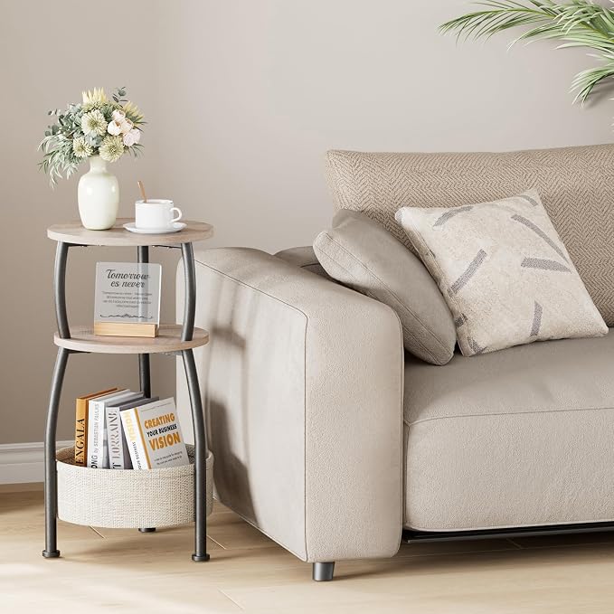 Round Side Table with Storage Basket –Small Space Saving End Table 3-Tier Coffee Table Bedside Corner Stand for Living Room, Bedroom, Garden and More 24in Tall Greige