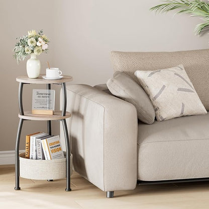 Round Side Table with Storage Basket –Small Space Saving End Table 3-Tier Coffee Table Bedside Corner Stand for Living Room, Bedroom, Garden and More 24in Tall Greige