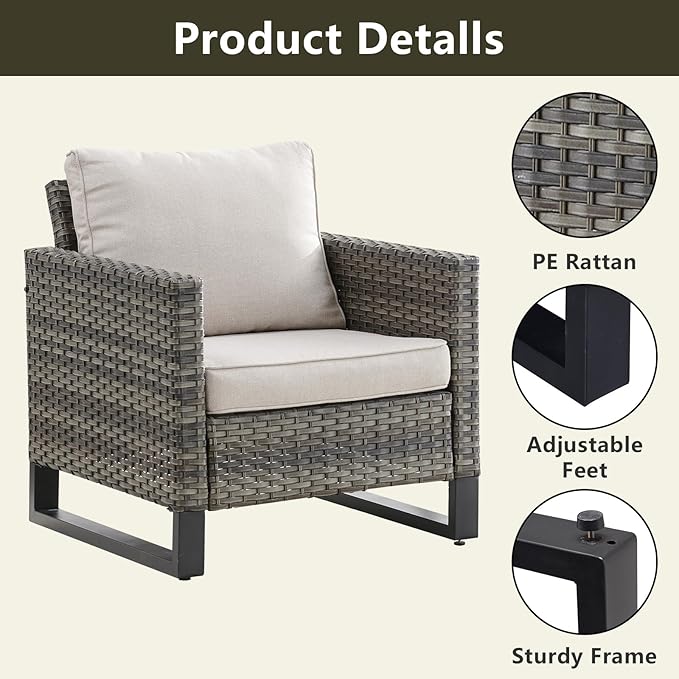 Wicker Outdoor Patio Furniture Set - 5 Piece Patio Conversation Set with 2 Wicker Armrest Chairs,2 Rattan Ottoman and 1 Metal Side Table for Outside Porch Deck Backyard Garden(Mixed Grey/Beige)