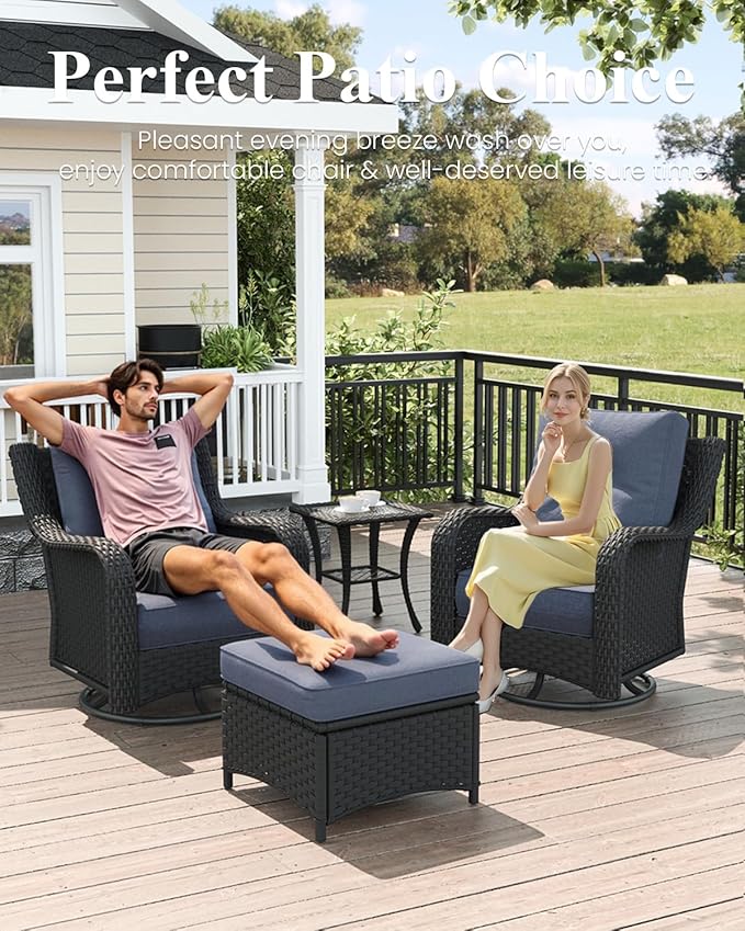 LayinSun 6 Piece Wicker Outdoor Furniture Set with 6-inch Comfy Cushions, High Back Patio Furniture Set with Swivel Rocking Chairs and Side Table