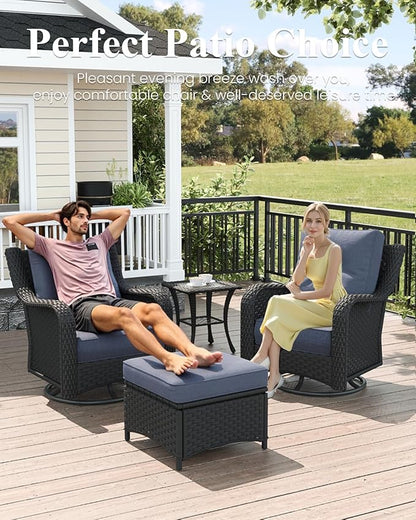 LayinSun 3 Piece Wicker Outdoor Furniture Set with 6-inch Comfy Cushions, High Back Patio Furniture Set with Swivel Rocking Chairs and Side Table