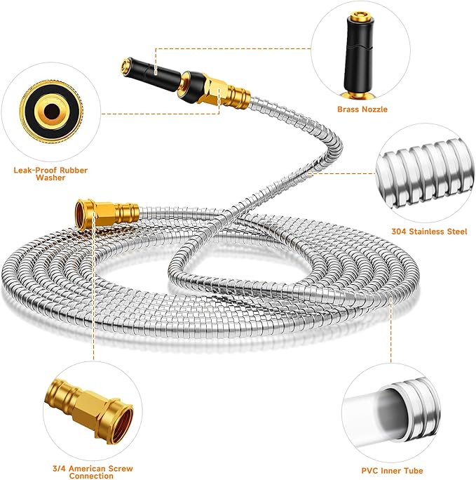 Metal Garden Hose 200 FT - 304 Stainless Steel Water Hose 200 FT - Expandable Short Flexible Garden Hose,no Kink Explosion, no Bite
