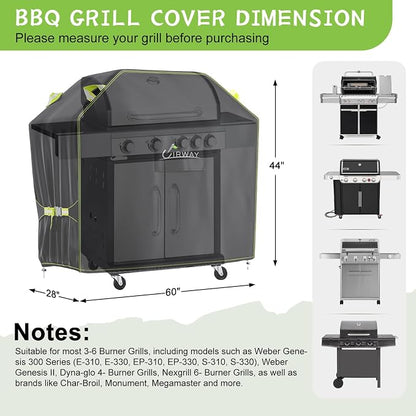 UIRWAY Gas Grill Cover 60 Inch, Waterproof, UV & Fade Resistant BBQ Grill Cover for Outdoor, Barbecue Cover with Reflective Strip and Air Vent for Weber, Dyna-glo, Char-Broil, Nexgrill, etc. Black