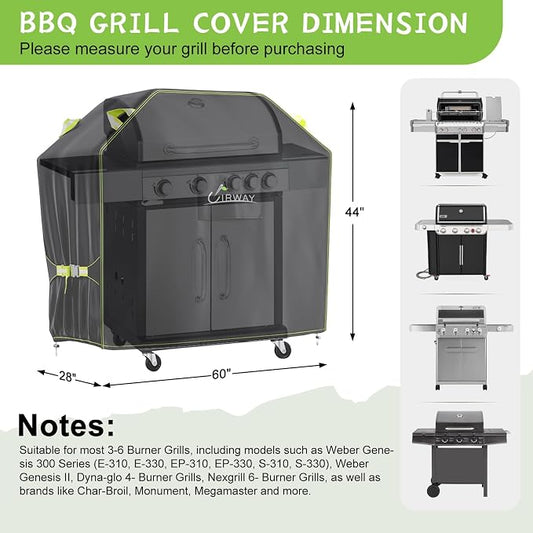 UIRWAY Gas Grill Cover 60 Inch, Waterproof, UV & Fade Resistant BBQ Grill Cover for Outdoor, Barbecue Cover with Reflective Strip and Air Vent for Weber, Dyna-glo, Char-Broil, Nexgrill, etc. Black