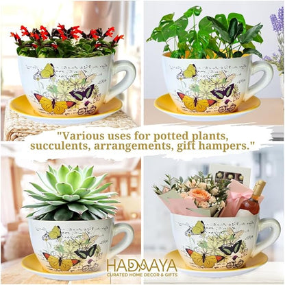 7.5” Round Ceramic Teacup Shape Planter Pot with Saucer for Succulents Orchid Herbs Cactus Indoor Houseplants Flowers for Home Garden and Event Decor Yellow Butterfly Garden