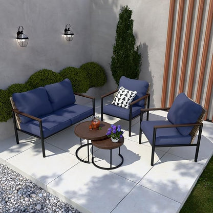 COOS BAY Sand Dune 5 Piece Wicker Patio Furniture Set, Rattan Outdoor Furniture with Nesting Tables, Chairs, Loveseat, and Coffee Tables, Brown/Blue