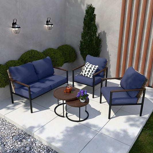 COOS BAY Sand Dune 5 Piece Wicker Patio Furniture Set, Rattan Outdoor Furniture with Nesting Tables, Chairs, Loveseat, and Coffee Tables, Brown/Blue
