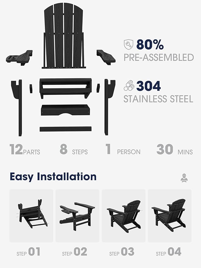 KINGYES Adjustable Folding Adirondack Chair with Footrest & 4-in-1 Multi-Functional Armrest Organizer Set of 2, HDPE Foldable Reclining Adirondack Chair with Pull-Out Ottoman, Black