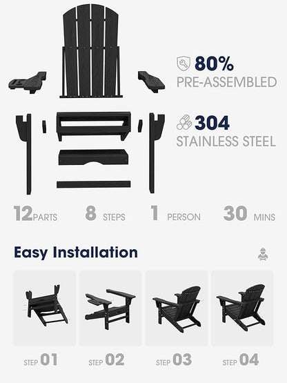 KINGYES Adjustable Folding Adirondack Chair with Footrest & 4-in-1 Multi-Functional Armrest Organizer Set of 2, HDPE Foldable Reclining Adirondack Chair with Pull-Out Ottoman, Black