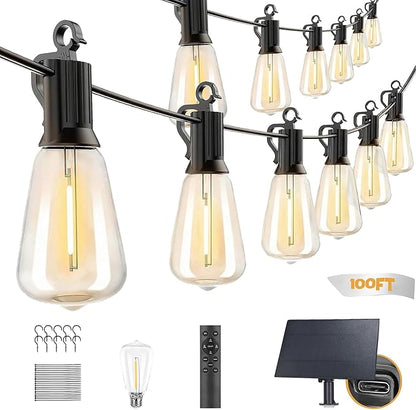 Outdoor Solar Waterproof Light String, 100FT Wire and 50 shatterproof Bulbs, dimmable Light Cannon with Remote Control, Suitable for Courtyard, Terrace, Balcony, Party Decoration Lighting