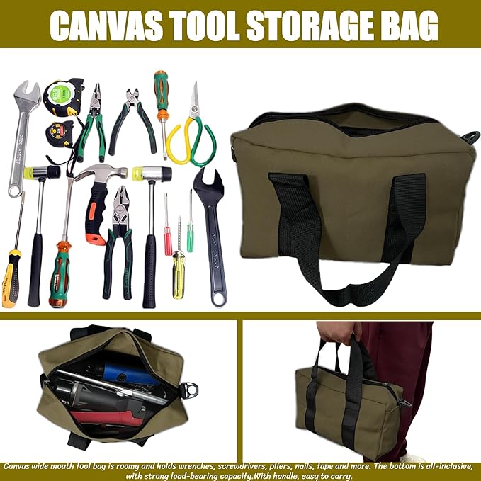 BLIRITEL Wide Mouth Tool Bag, Heavy Duty Canvas Tool Storage Bag, Large Capacity Handbag, Multi-function Tool Organizer Tote Bag for Storage Wrenches Pliers (Army Green, 18 Inch)