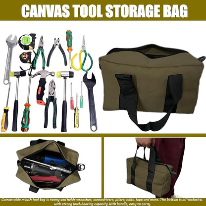 BLIRITEL Wide Mouth Tool Bag, Heavy Duty Canvas Tool Storage Bag, Large Capacity Handbag, Multi-function Tool Organizer Tote Bag for Storage Wrenches Pliers (Army Green, 18 Inch)