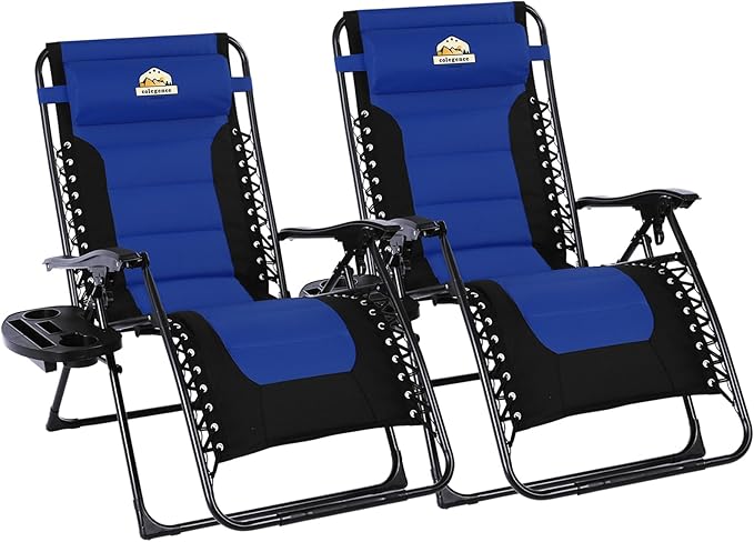 Oversized Padded Zero Gravity Lounge Chair Set of 2, Foldable Patio Anti Gravity Reclining Chairs Folding Lawn Recliner with Cup Holder for Yard, Camping, Outdoor, Support 350 LBS, Blue