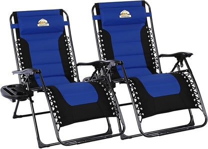 Oversized Padded Zero Gravity Lounge Chair Set of 2, Foldable Patio Anti Gravity Reclining Chairs Folding Lawn Recliner with Cup Holder for Yard, Camping, Outdoor, Support 350 LBS, Blue